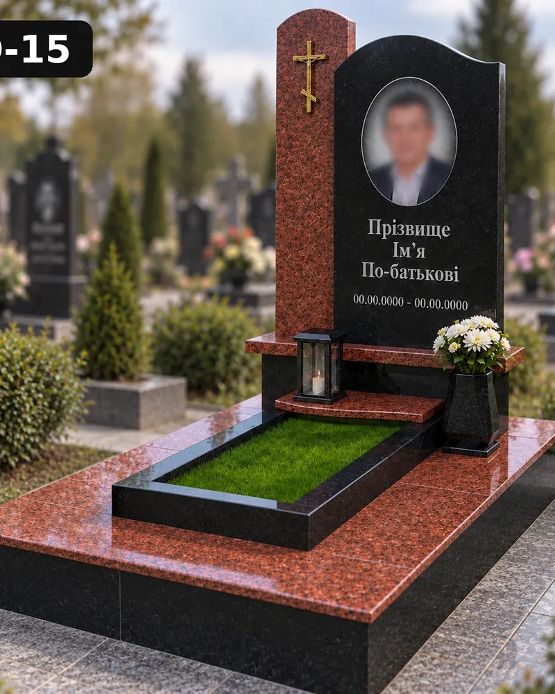 Одинарний пам’ятник О-15 — фігурна стела з хвилястим верхом на світлому постаменті