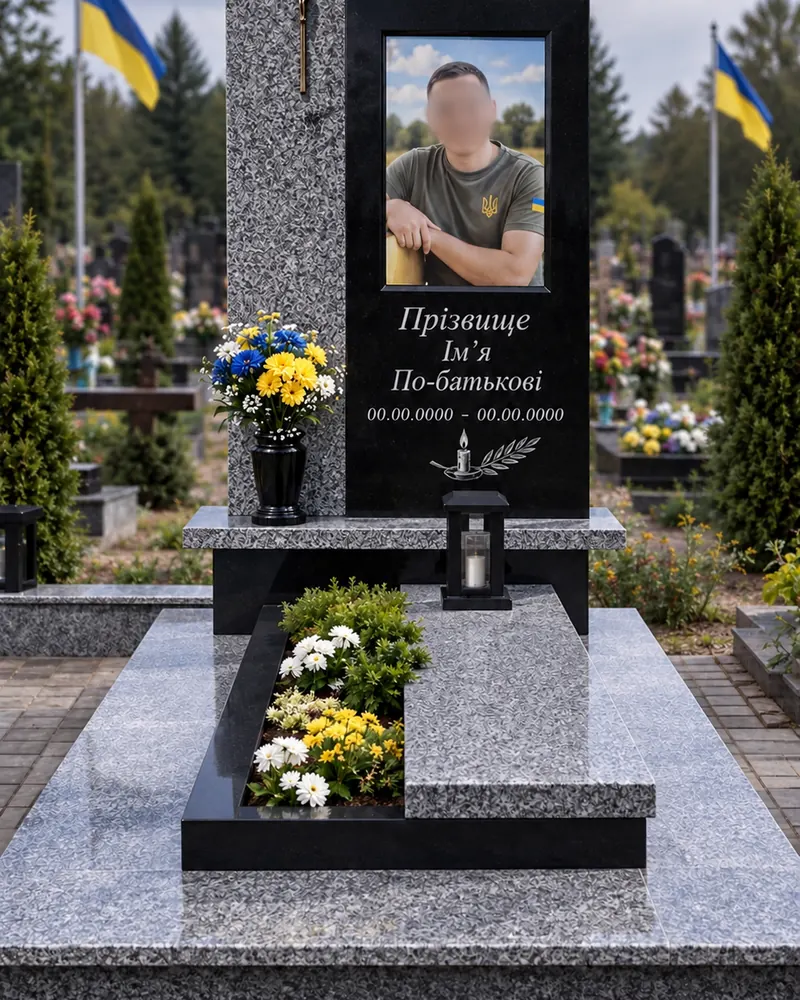 Пам’ятник військовому В-01 — пряма гранітна стела з хрестом, портретом у формі та квітником