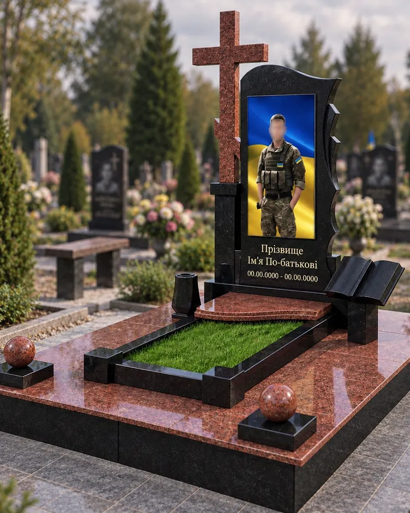 Пам’ятник військовому В-03 — фігурна чорна стела з окремим гранітним хрестом на червоному цоколі