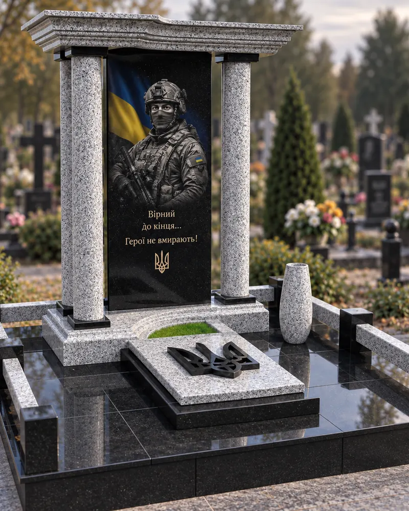 Пам’ятник військовому В-05 — масивний портал на колонах із гравіюванням бійця на чорному граніті