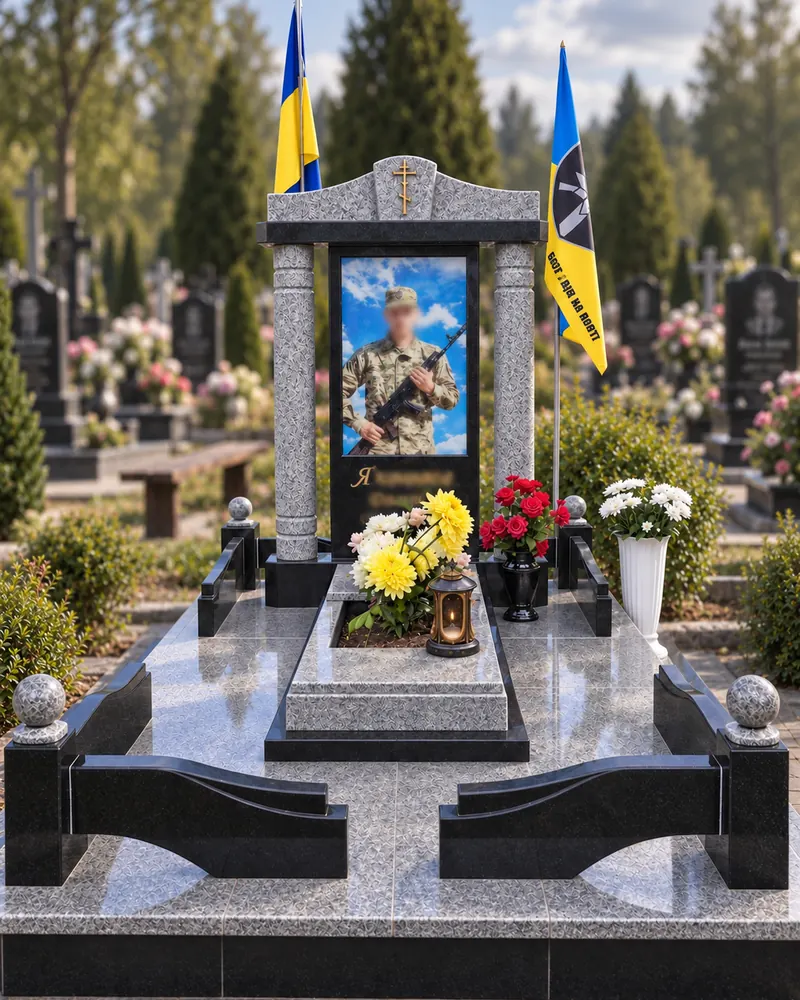 Пам’ятник військовому В-09 — арочна стела в гранітному порталі з портретом бійця