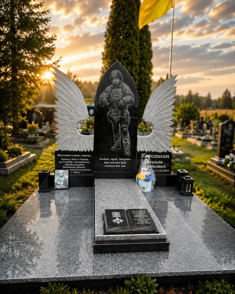 Пам’ятник військовому В-10 — фігурна стела з різьбленими крилами і гравіюванням у повний зріст