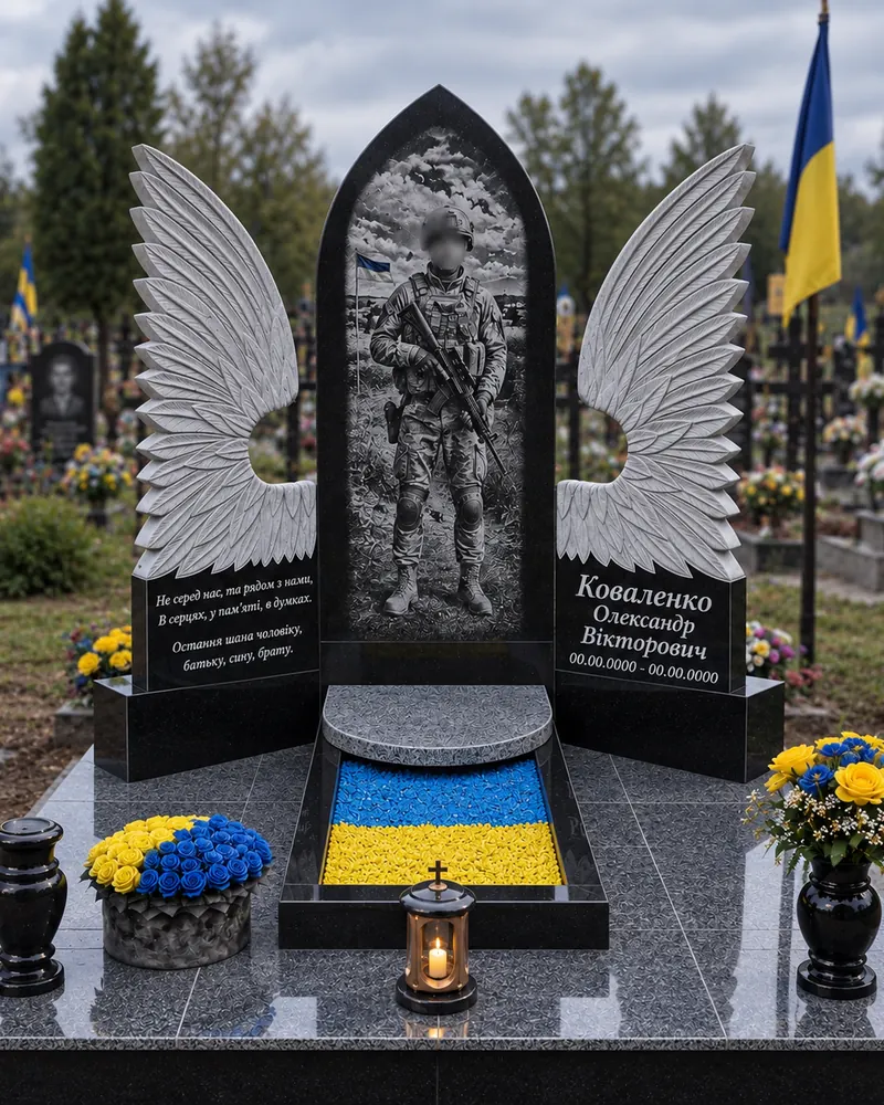 Пам’ятник військовому В-12 — чорна арочна стела з різьбленими крилами і прапором на цоколі