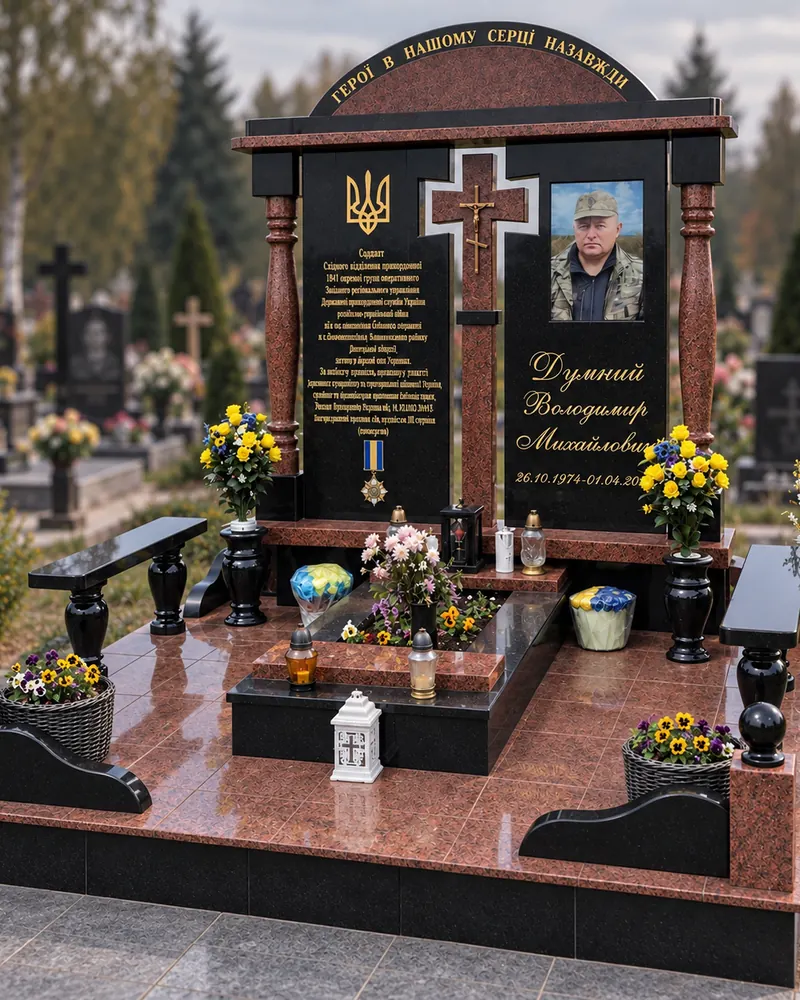 Пам’ятник військовому В-15 — меморіальний комплекс із навісом, різьбленим хрестом і двома плитами