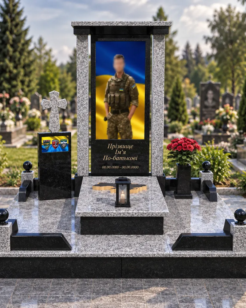 Пам’ятник військовому В-18 — пряма стела з портретом і окремим гранітним хрестом збоку