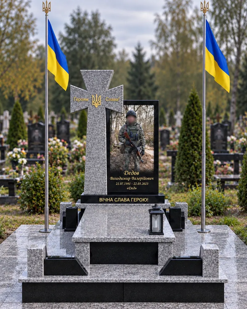 Пам’ятник військовому В-19 — стела у формі хреста зі світлого граніту з портретом і написом «Вічна слава Герою»