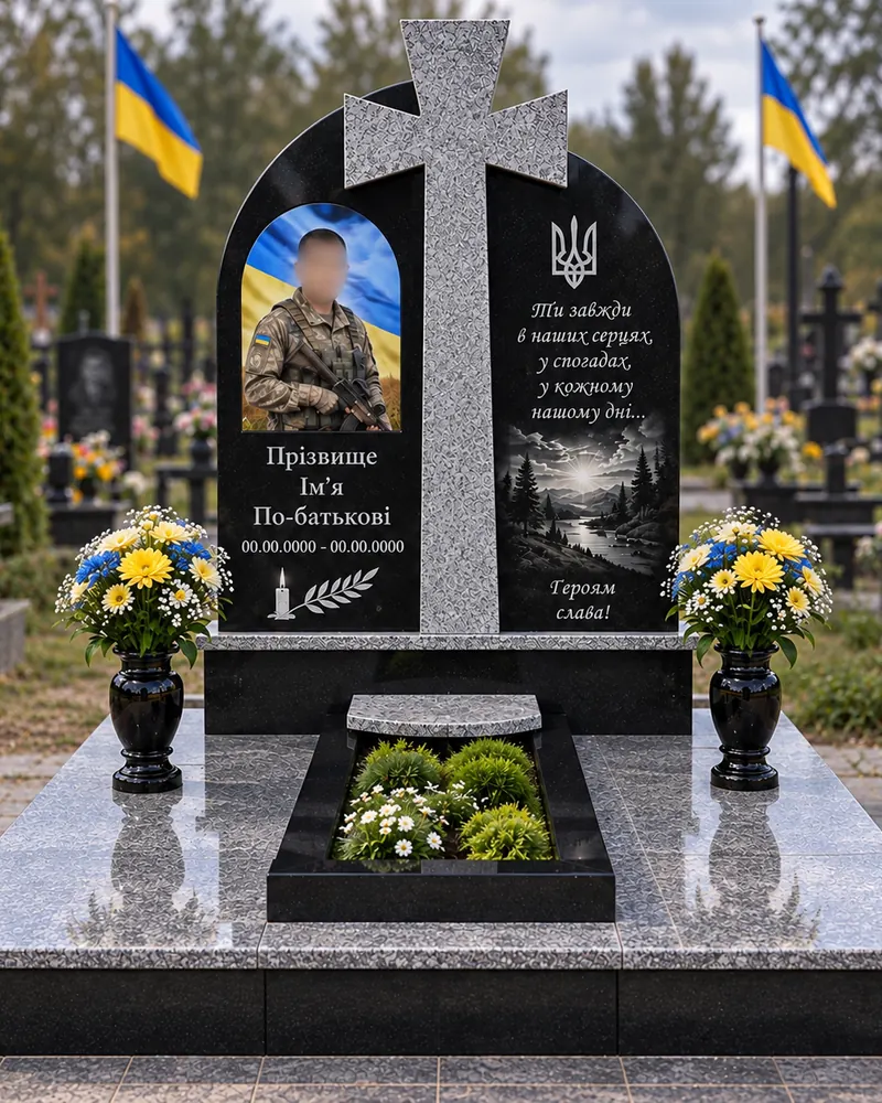 Пам’ятник військовому В-20 — подвійна стела: арка з портретом і плита з гравіюванням пейзажу