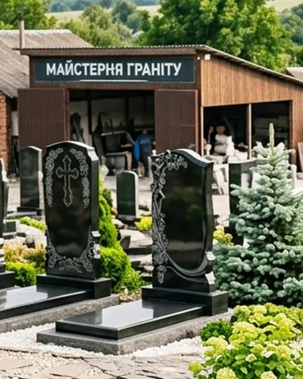 Майстерня граніту Granit Stone у Коростишеві: готові пам’ятники перед цехом